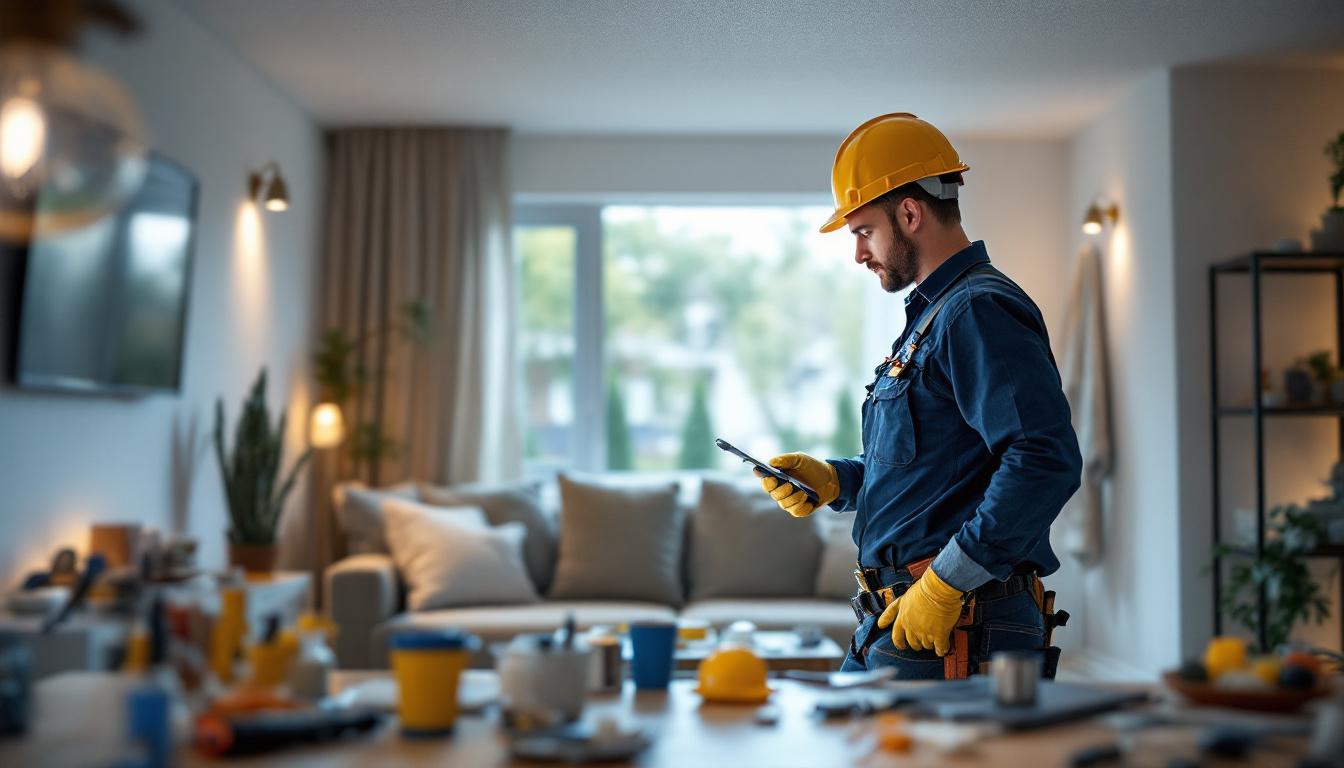 A photograph of a lighting contractor expertly installing led can lights in a modern residential space