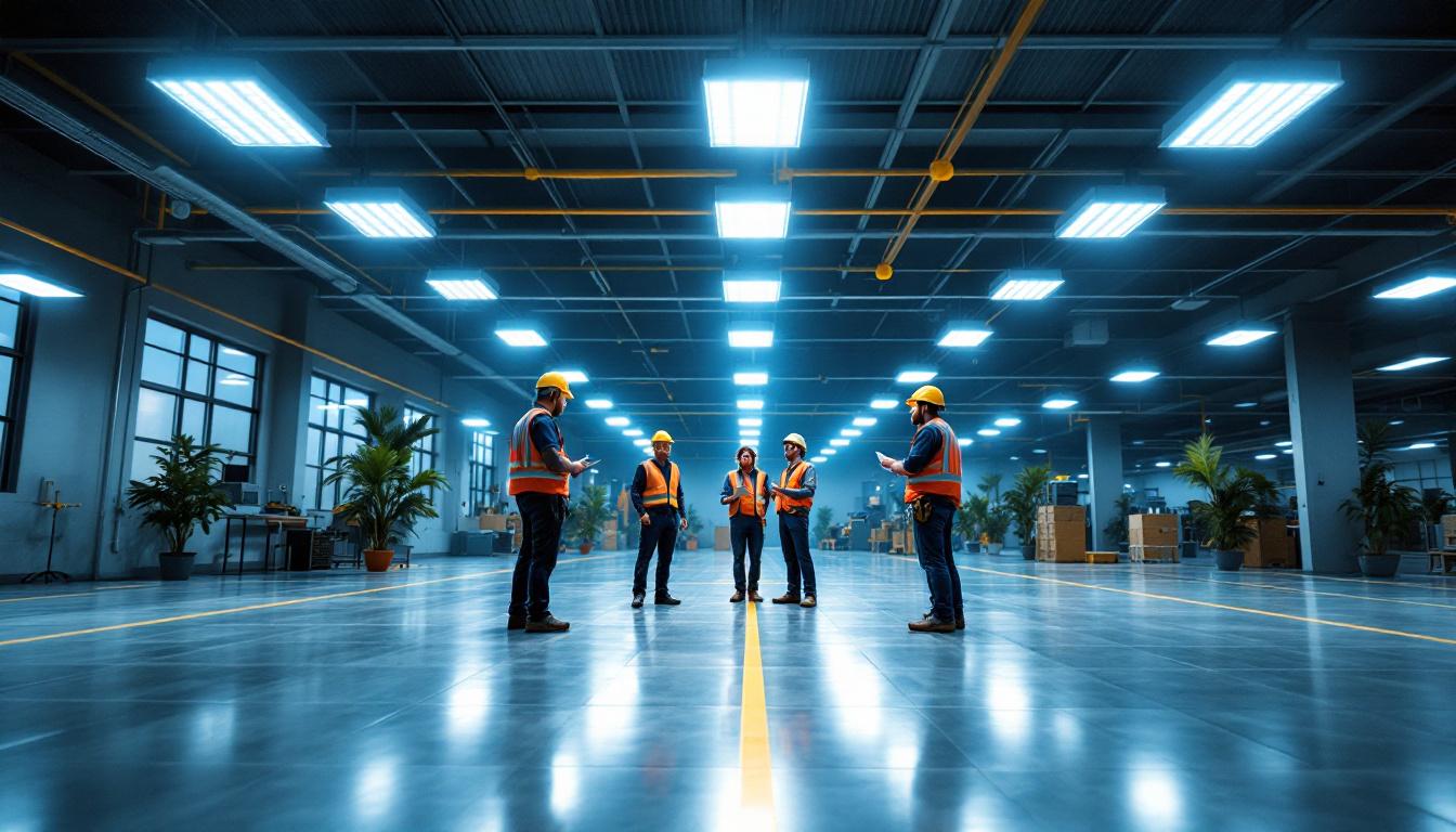 A photograph of a well-lit commercial space showcasing solar-powered lighting fixtures in use