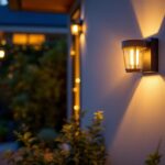 A photograph of a well-lit outdoor space featuring solar sconce lights installed on a home or garden wall