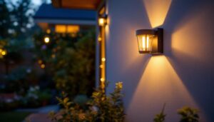 A photograph of a well-lit outdoor space featuring solar sconce lights installed on a home or garden wall