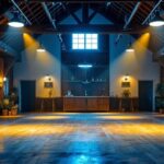 A photograph of a beautifully lit barn interior showcasing various lighting fixtures and styles