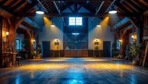 A photograph of a beautifully lit barn interior showcasing various lighting fixtures and styles