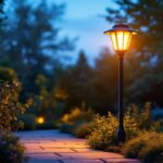 A photograph of a beautifully illuminated solar outdoor lamp post in a serene garden setting during twilight