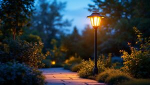 A photograph of a beautifully illuminated solar outdoor lamp post in a serene garden setting during twilight