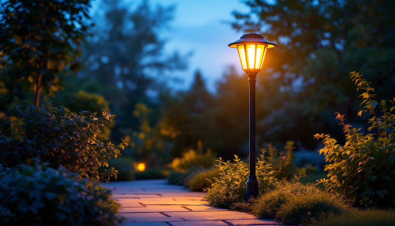 A photograph of a beautifully illuminated solar outdoor lamp post in a serene garden setting during twilight