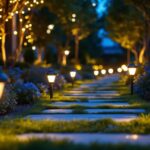 A photograph of a beautifully lit outdoor space featuring pathway solar lights