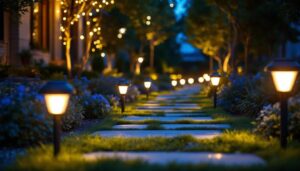 A photograph of a beautifully lit outdoor space featuring pathway solar lights