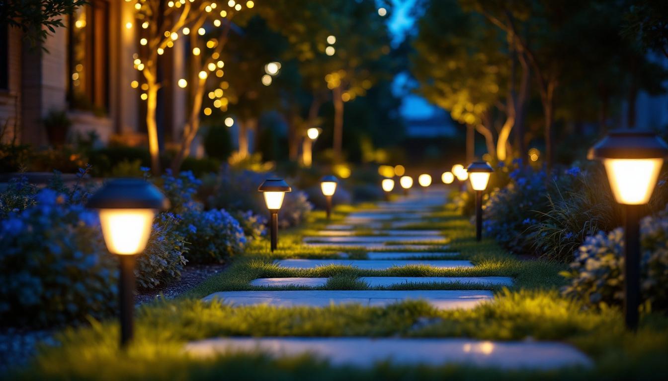 A photograph of a beautifully lit outdoor space featuring pathway solar lights