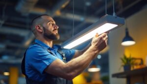 A photograph of a lighting contractor installing a 4 ft led fixture in a commercial space