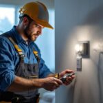 A photograph of a skilled lighting contractor installing modern outlets and switches in a well-lit residential setting