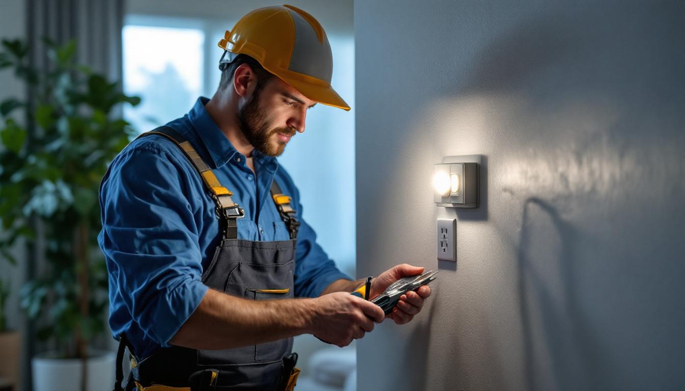 A photograph of a skilled lighting contractor installing modern outlets and switches in a well-lit residential setting