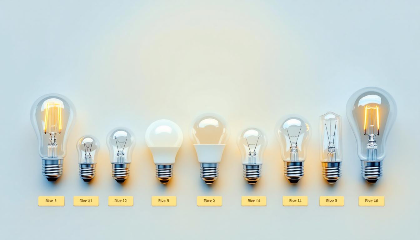 A photograph of a variety of light bulb bases arranged on a clean