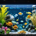 A photograph of a beautifully lit fish tank showcasing vibrant aquatic life