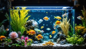 A photograph of a beautifully lit fish tank showcasing vibrant aquatic life