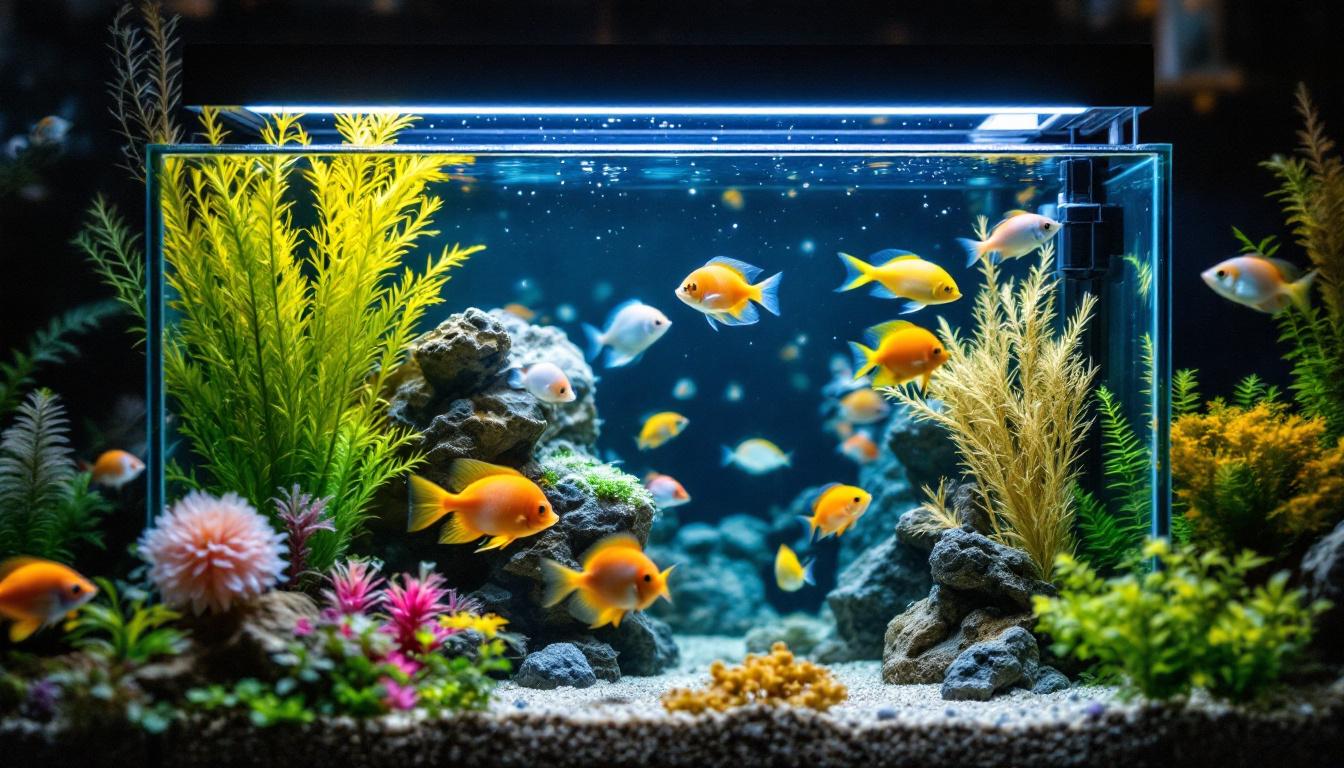 A photograph of a beautifully lit fish tank showcasing vibrant aquatic life