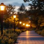 A photograph of a well-lit outdoor scene featuring a stylish lamp post equipped with solar lights