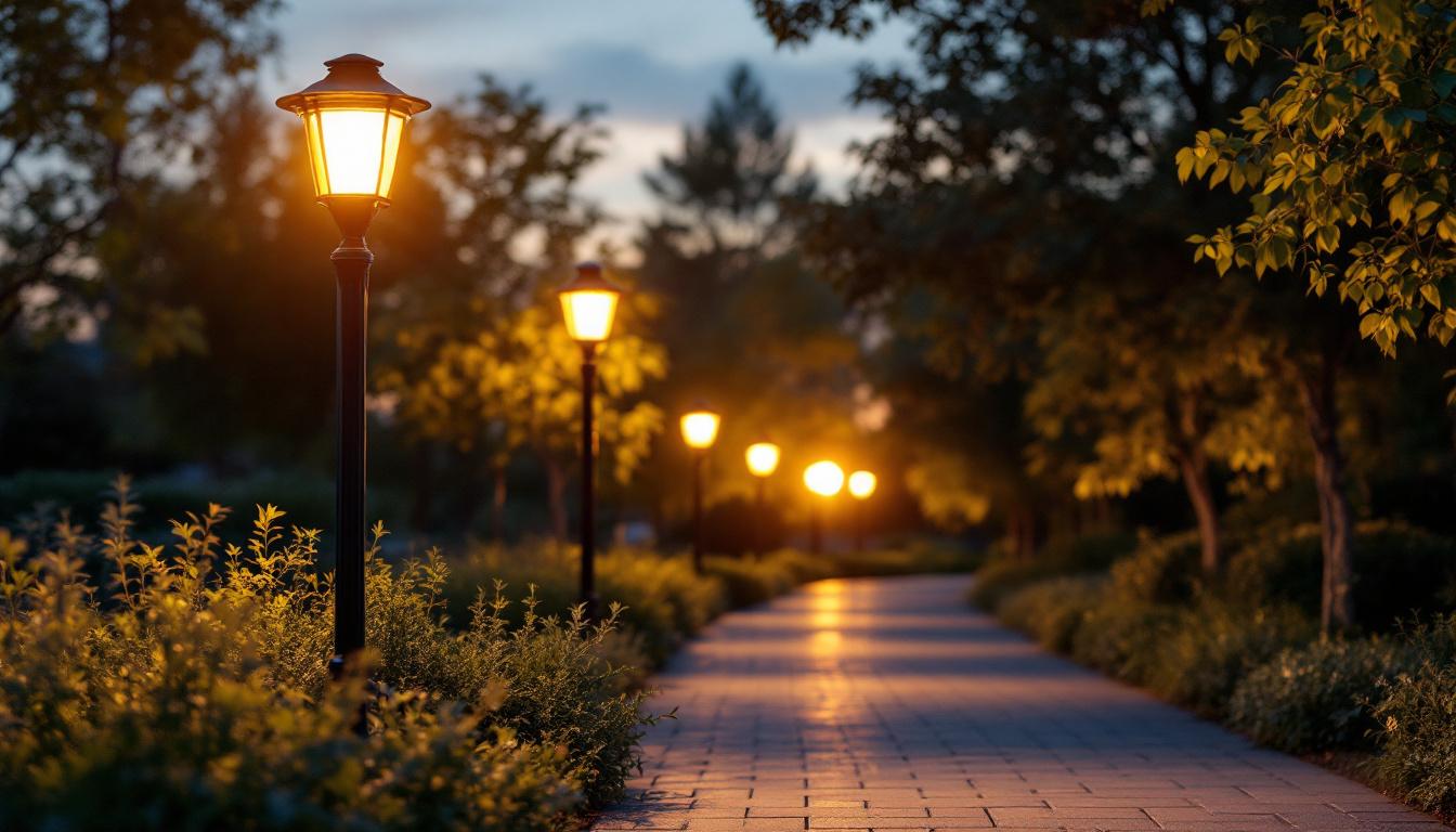 A photograph of a well-lit outdoor scene featuring a stylish lamp post equipped with solar lights