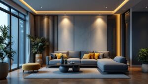 A photograph of a beautifully designed room showcasing various recessed can lights in different settings