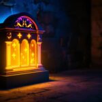 A photograph of a vibrant fluorescent tombstone illuminated in a dimly lit environment