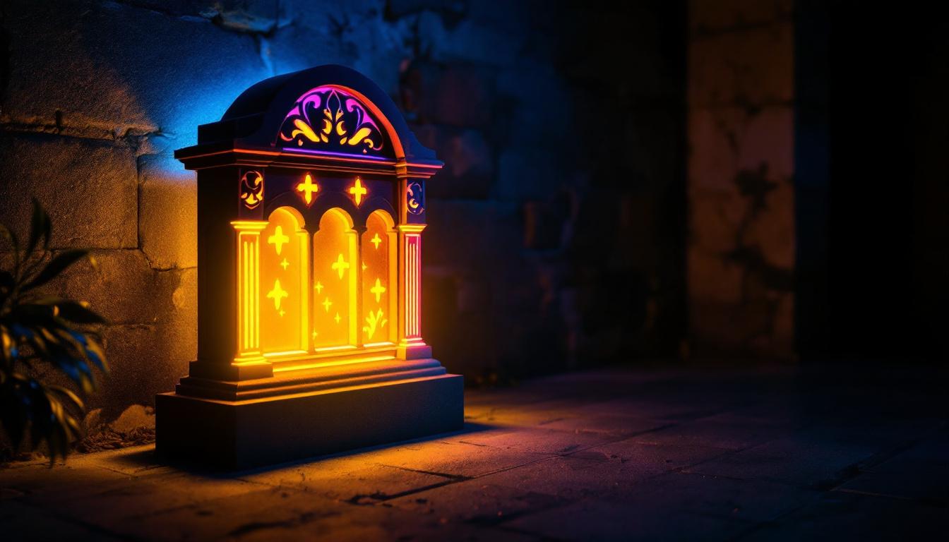 A photograph of a vibrant fluorescent tombstone illuminated in a dimly lit environment