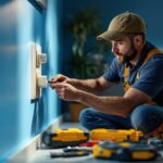 A photograph of a skilled lighting contractor installing a dryer outlet receptacle in a modern home setting