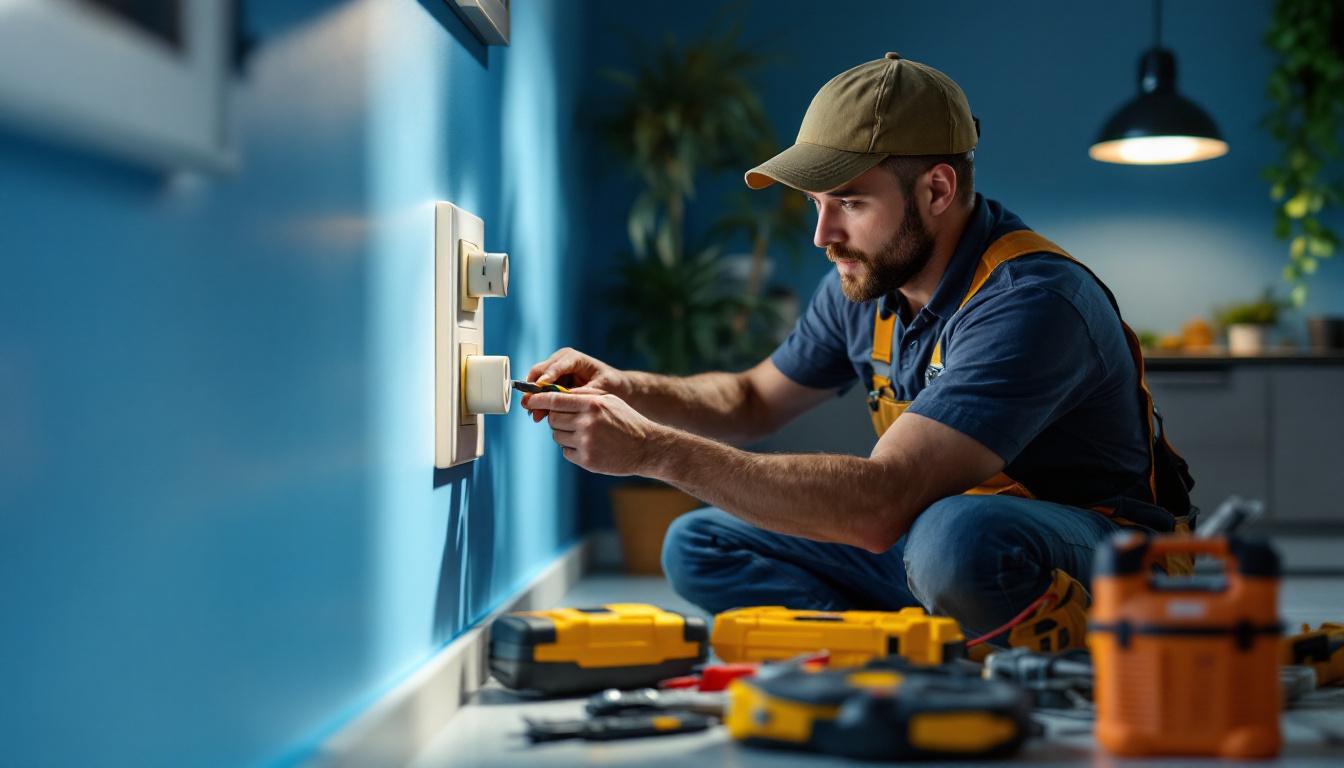 A photograph of a skilled lighting contractor installing a dryer outlet receptacle in a modern home setting