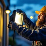 A photograph of a lighting contractor skillfully installing a commercial flood light in an outdoor setting