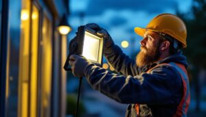 A photograph of a lighting contractor skillfully installing a commercial flood light in an outdoor setting