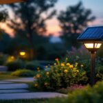 A photograph of a solar-powered led lamp illuminating a beautifully landscaped outdoor space at dusk