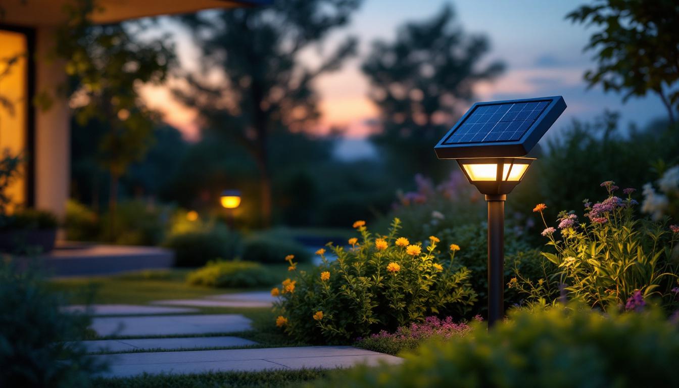 A photograph of a solar-powered led lamp illuminating a beautifully landscaped outdoor space at dusk