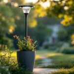 A photograph of a stylish solar power lamp post integrated with a planter