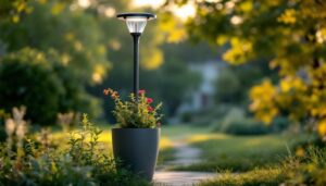 A photograph of a stylish solar power lamp post integrated with a planter