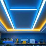 A photograph of a well-lit ceiling featuring stylish strip lights