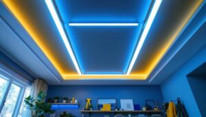 A photograph of a well-lit ceiling featuring stylish strip lights