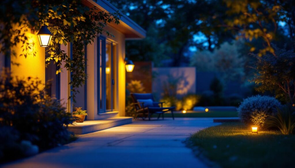 A photograph of a beautifully illuminated outdoor space featuring motion sensor lights in action