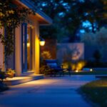 A photograph of a beautifully illuminated outdoor space featuring motion sensor lights in action