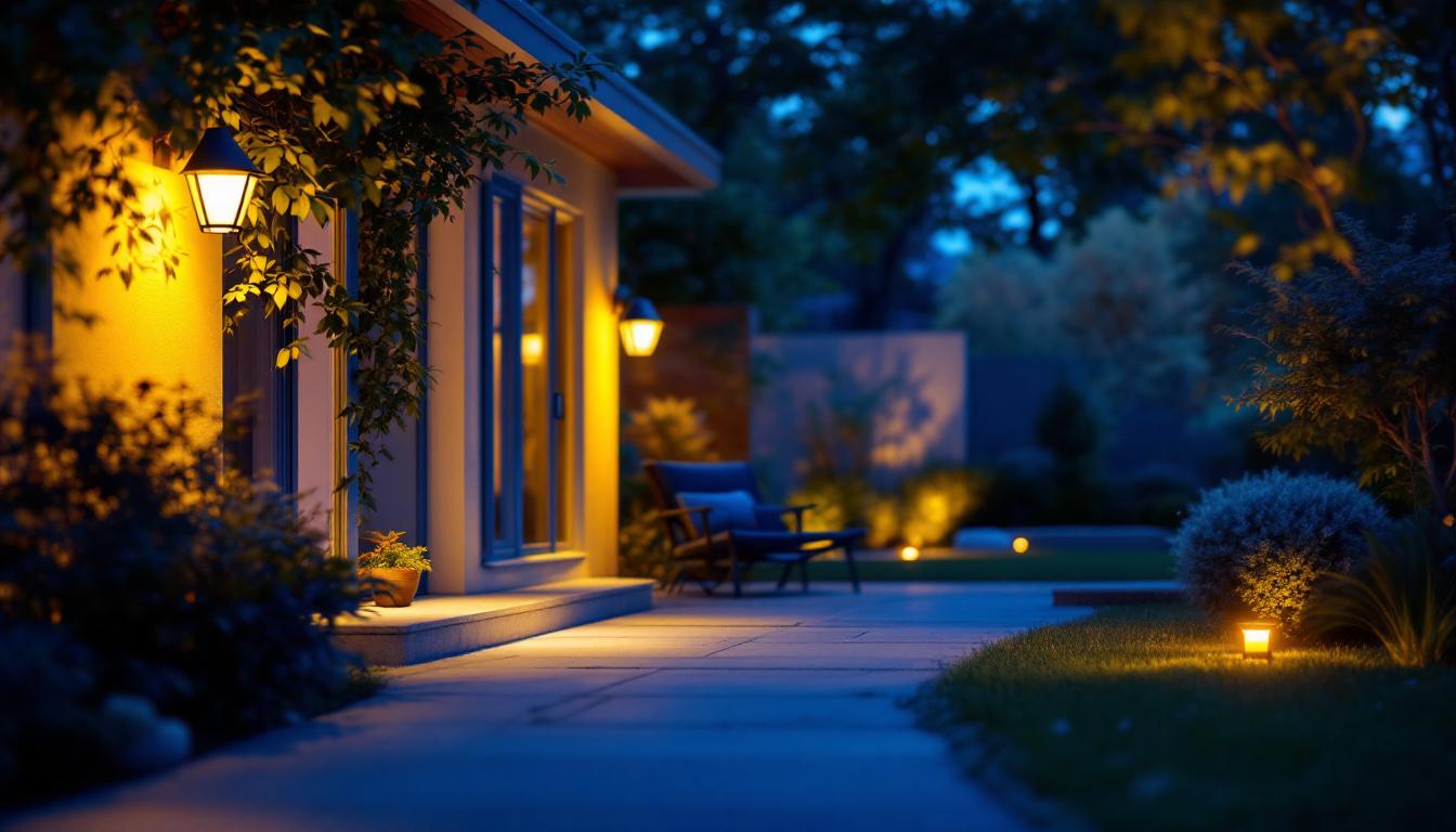 A photograph of a beautifully illuminated outdoor space featuring motion sensor lights in action