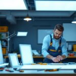 A photograph of a lighting contractor examining various flat led panel lights in a well-lit workspace