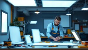 A photograph of a lighting contractor examining various flat led panel lights in a well-lit workspace