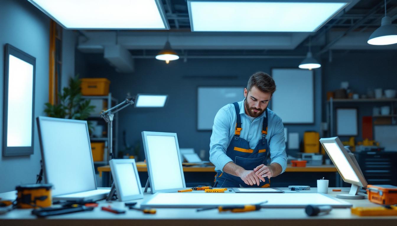 A photograph of a lighting contractor examining various flat led panel lights in a well-lit workspace