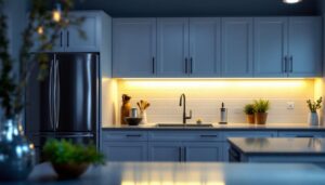 A photograph of a well-lit kitchen featuring sleek 12v under cabinet lights illuminating the workspace