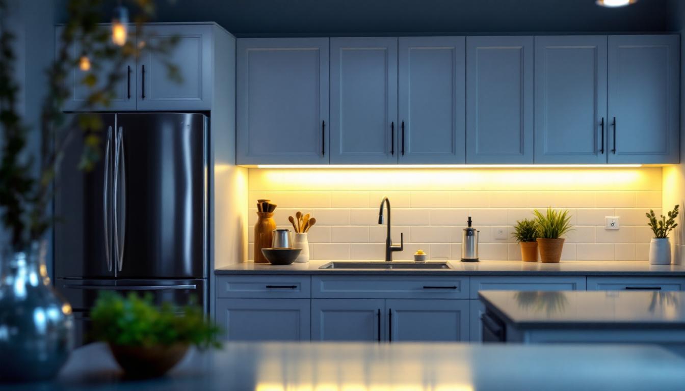A photograph of a well-lit kitchen featuring sleek 12v under cabinet lights illuminating the workspace