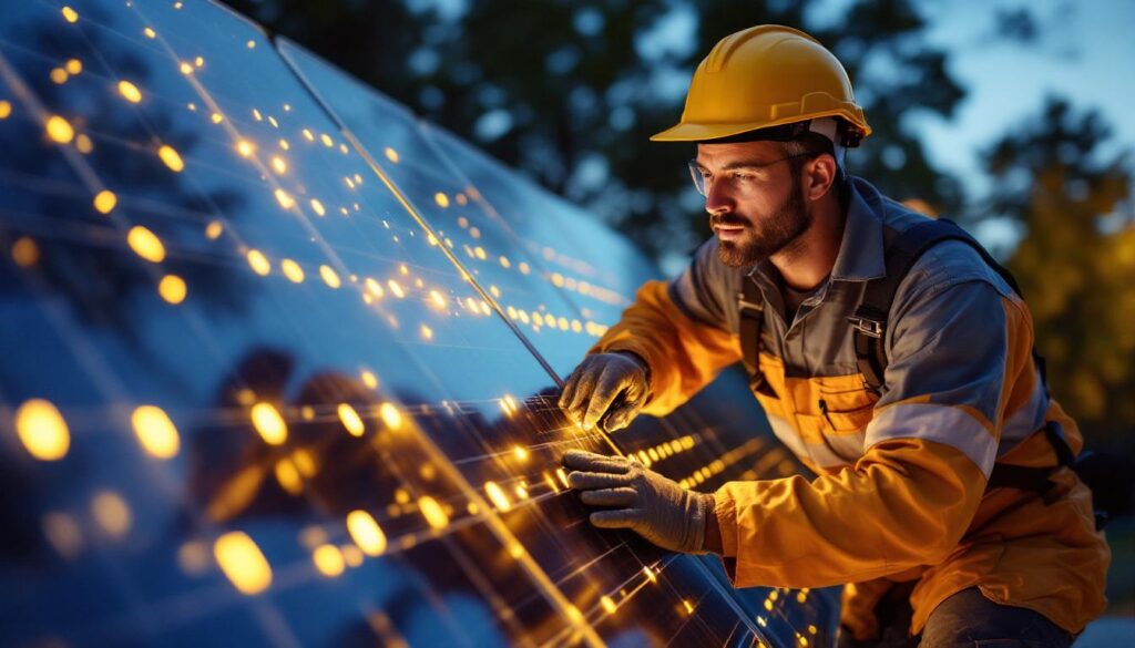 A photograph of a lighting contractor installing or inspecting a sleek