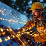 A photograph of a lighting contractor installing or inspecting a sleek