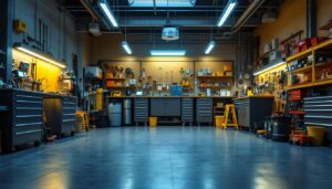 A photograph of a well-lit garage featuring modern led lighting installations