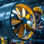 A photograph of a skilled lighting contractor installing or adjusting an industrial-sized fan in a well-lit workspace