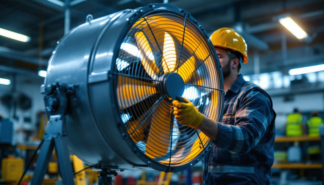 A photograph of a skilled lighting contractor installing or adjusting an industrial-sized fan in a well-lit workspace
