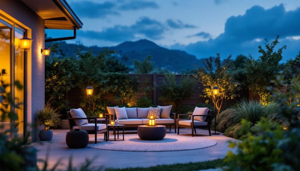 A photograph of a beautifully arranged outdoor patio scene at dusk