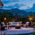 A photograph of a beautifully arranged outdoor patio scene at dusk