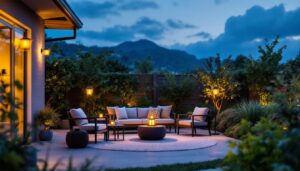 A photograph of a beautifully arranged outdoor patio scene at dusk